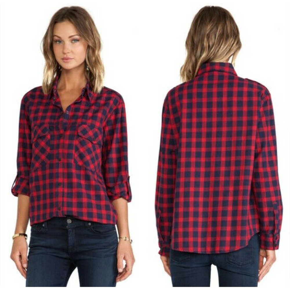 Sanctuary Red Navy Plaid Boyfriend Snap Front Shirt Faux Leather Cuffs ‎ Medium